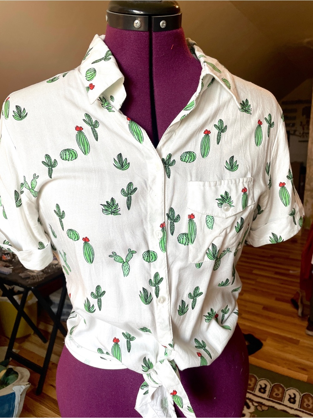 Japna White Cactus-Print Tie-Front Button Down Shirt